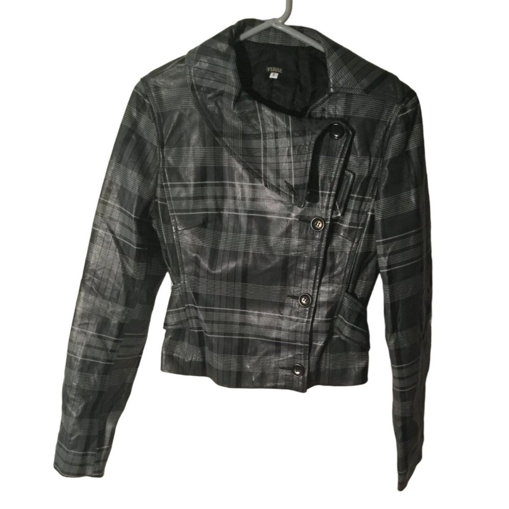 Gianfranco Ferre Women's Plaid Button Biker Jacket Gray Faux Leather Size Small